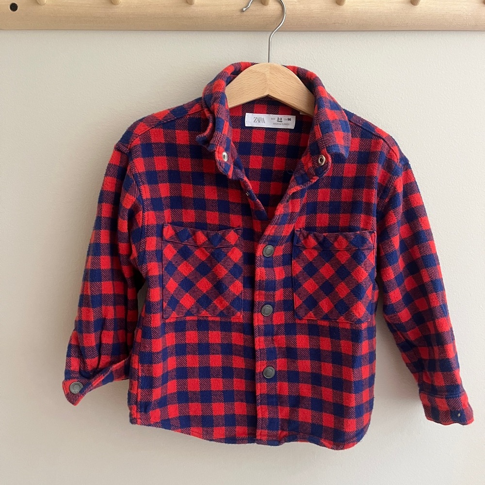 Zara Kids Plaid Button-Up Shirt - Red and Blue